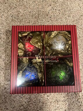 Waterford Four-Piece Holiday Glass Ornament Set — Red, Silver, Blue, Green
